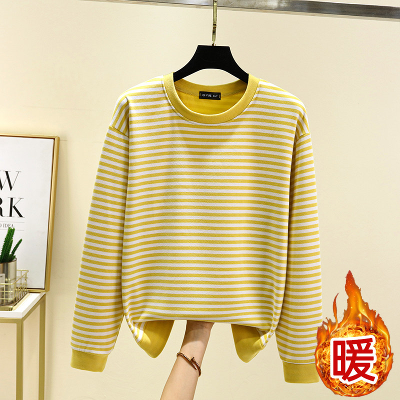 女士德绒圆领条纹睡衣上装冬季加厚长袖T恤休闲大码加绒宽松上衣,淘宝优惠券,粉丝福利购,淘宝优惠卷