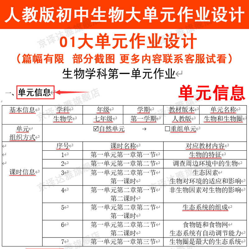 2024新课标人教版初中生物七八年级上册下册大单元作业设计初一初二整体单元分析教学设计核心素养作业设计教案学习课时作业任务 - 图2