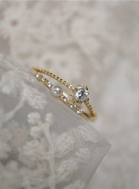 珍珠锆石轻奢戒指开口日系网红精致简约时尚简约珠宝经典潮指环