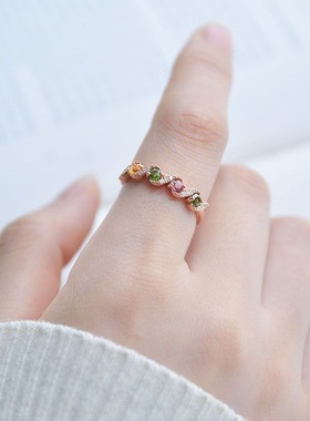 彩颜戒指女款镶嵌防碧玺复古轻奢小众设计彩色活口可调节指环手饰