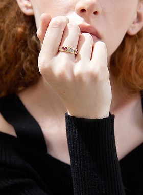 小众轻奢粉色少女爱心开口锆石戒指潮高级感时尚食指戒可调节指环