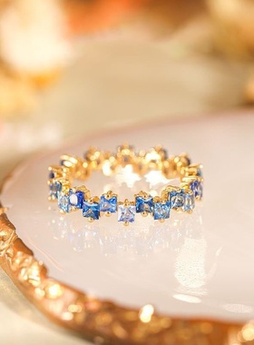 柔蓝戒指女ins高档感彩虹系列镀18K金镶嵌彩色防蓝宝石女轻奢