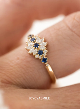 新款高仿蓝宝石搭配培育钻女戒个性设计款戒指天然彩宝系轻奢戒指