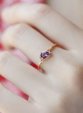 《尼罗河花园》同款复古艺术感 天然紫水晶镀14K黄金小水滴戒指女
