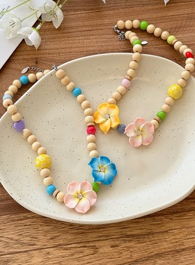 彩色花朵串珠项链女多巴胺度假风