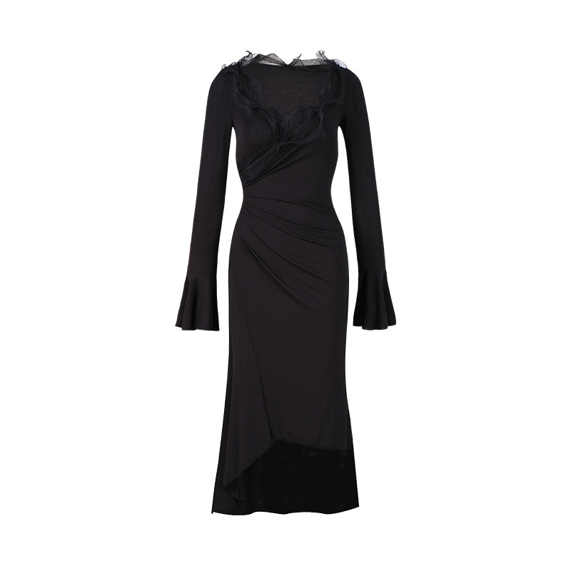 ITSNIKAR 法式V领长袖针织连衣裙女秋冬抽褶显瘦包臀裙性感长裙子,淘宝优惠券,粉丝福利购,淘宝优惠卷