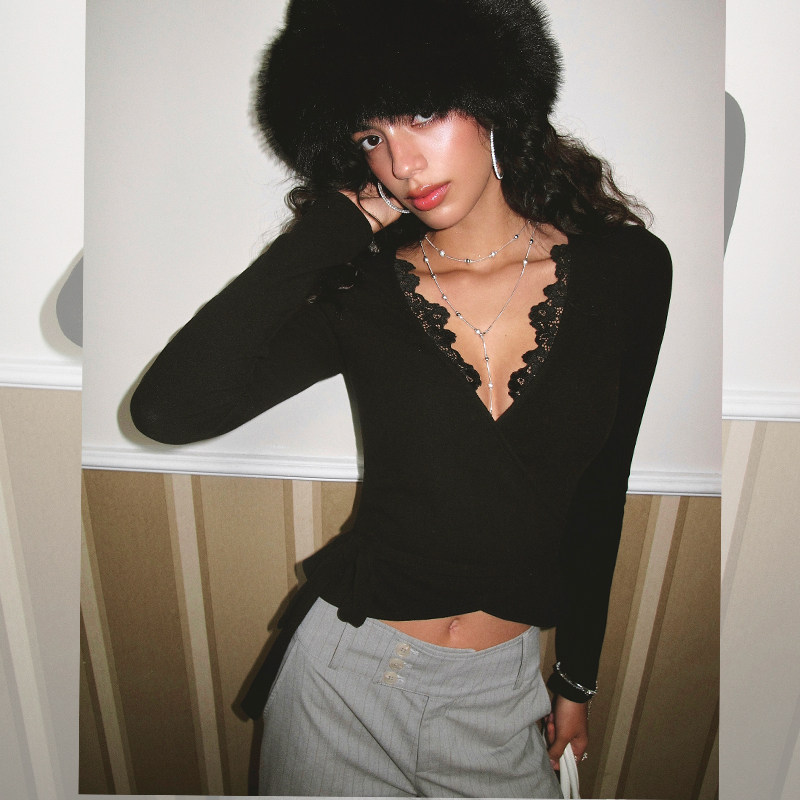 ITSNIKAR 复古蕾丝拼接v领毛针织衫女冬绑带性感打底衫显瘦短上衣,淘宝优惠券,粉丝福利购,淘宝优惠卷