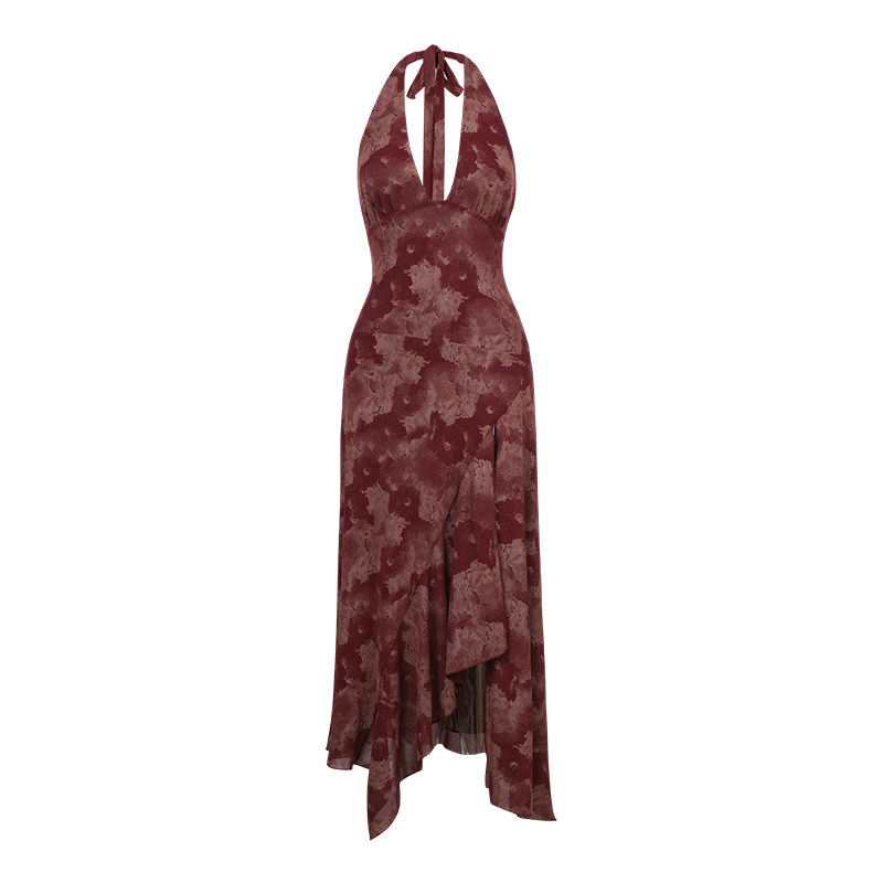 ITSNIKAR 复古酒红V领丝绒挂脖连衣裙女性感露背新年裙细闪长裙子,淘宝优惠券,粉丝福利购,淘宝优惠卷