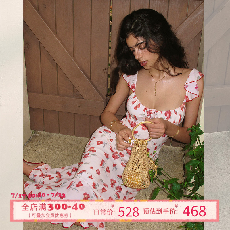 ITSNIKAR法式印花吊带连衣裙女夏荷叶边设计包臀裙优雅显瘦长裙子 - 图0