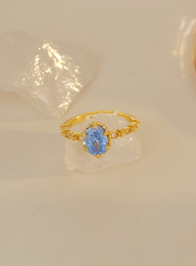 戒指女小众设计金色开口戒轻奢蓝色锆石简约百搭指环潮