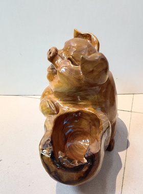 香樟木手工雕刻生肖猪摆件中式玄关家居工艺品艺术装饰品简约