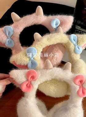 SUSU奶黄色小羊角毛绒耳罩女冬款