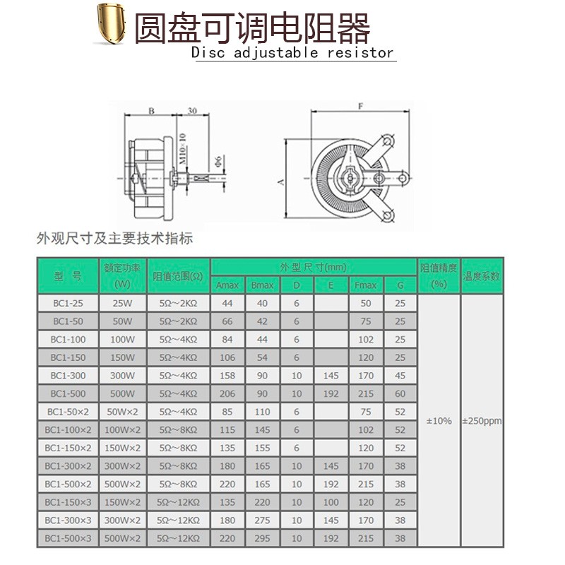 BC1大功率滑动变阻器瓷盘圆盘可调电阻25W50W100W500W瓦10R100R1K-图2