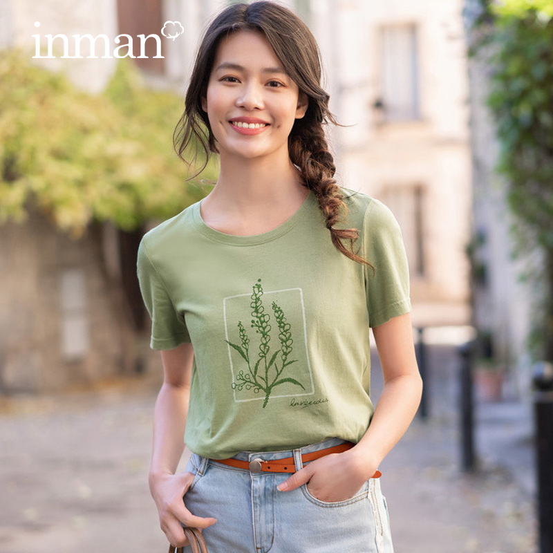 茵曼旗舰店白色纯棉女短袖2020 t恤 茵曼田田极客T恤