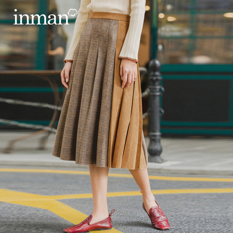 茵曼格子短款毛呢高腰秋冬半身裙 茵曼田田极客半身裙