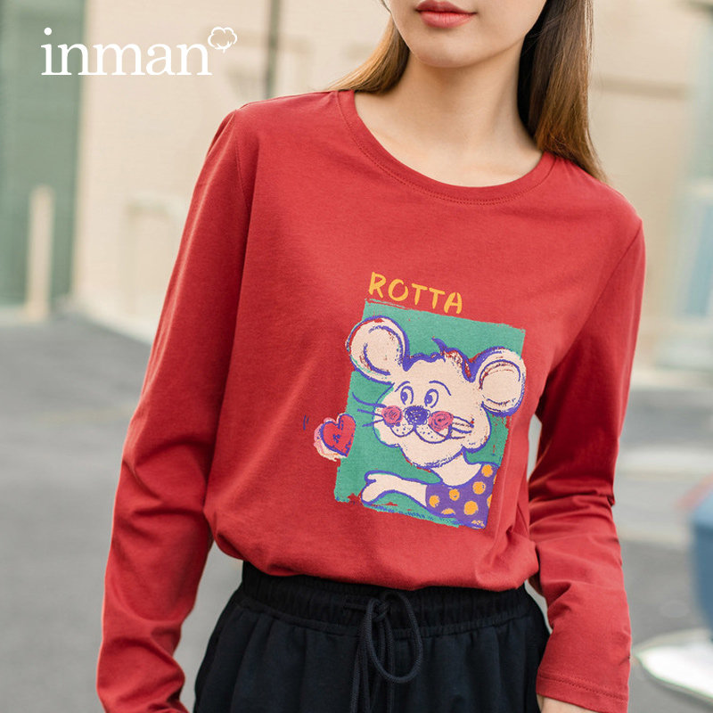 茵曼卡通印花长袖t恤2020打底衫 茵曼田田极客T恤