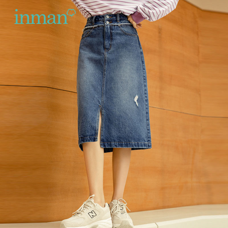 茵曼秋冬牛仔2020新款高腰半身裙 茵曼田田极客半身裙