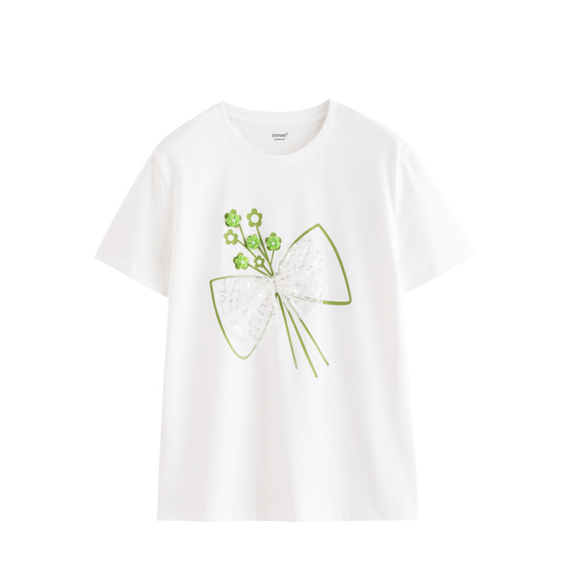 茵曼蝴蝶网纱印花拼接短袖2022 t恤 茵曼田田极客T恤