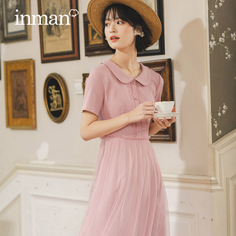 茵曼旗舰店2020年夏季娃娃领短袖 茵曼田田极客连衣裙