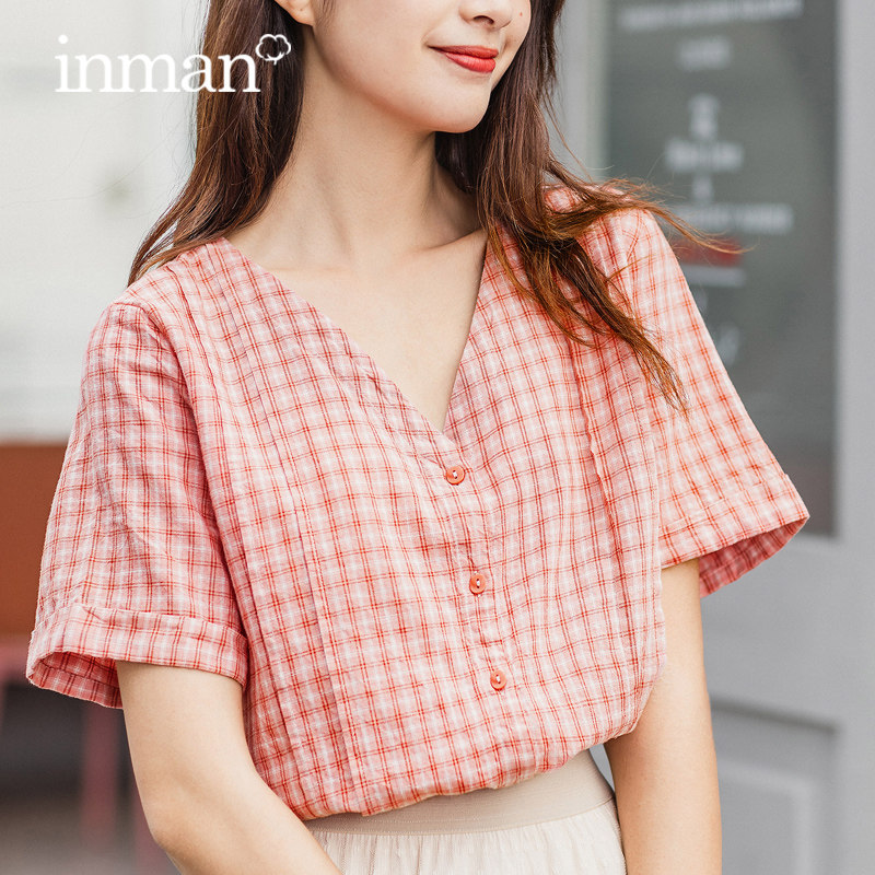 茵曼格子短袖外穿百搭夏季新款衬衫 茵曼田田极客衬衫