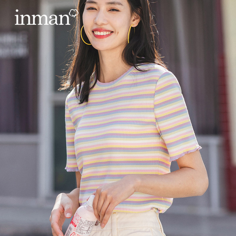 茵曼旗舰店彩虹条纹短袖女2020 t恤 茵曼田田极客T恤