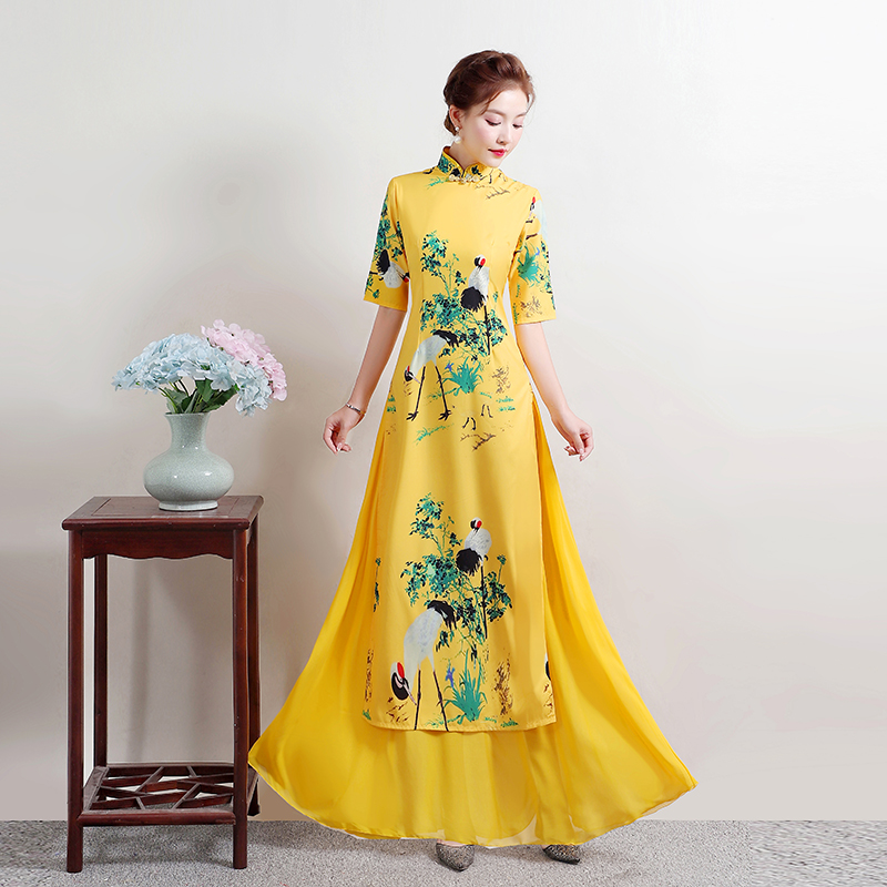 新款越南正宗奥黛旗袍裙黄色长款改良版舞台走秀旗袍演出服连衣裙-图2