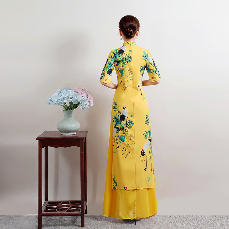 新款越南正宗奥黛旗袍裙黄色长款改良版舞台走秀旗袍演出服连衣裙-图0