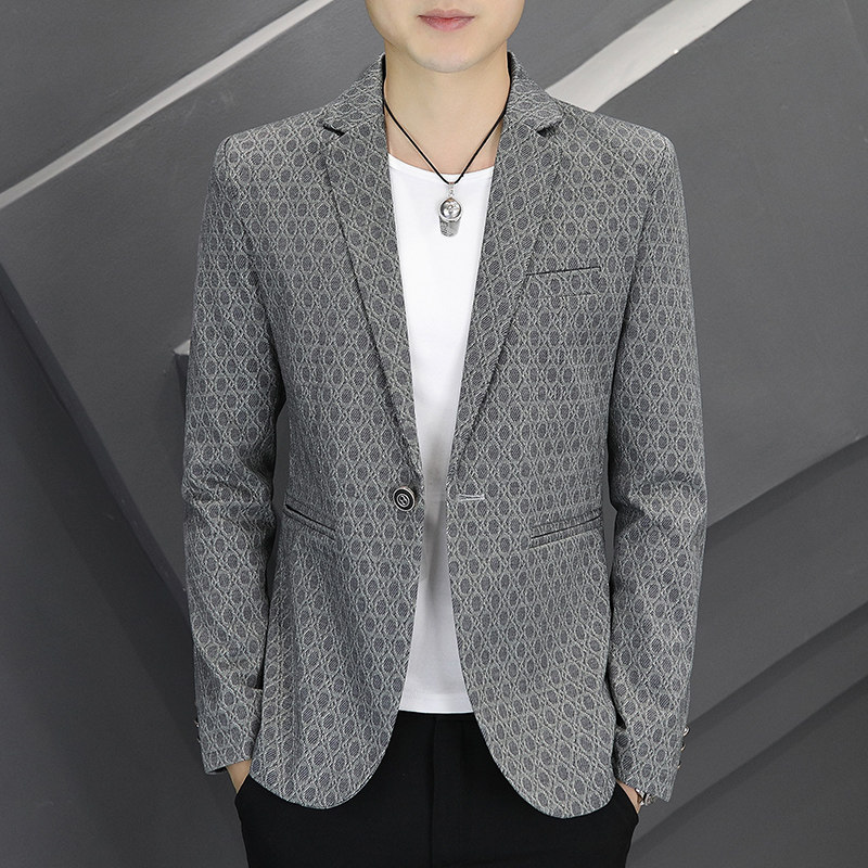 啄木鸟灰色休闲西服春秋季男装2024新款上衣修身便服单西装薄外套