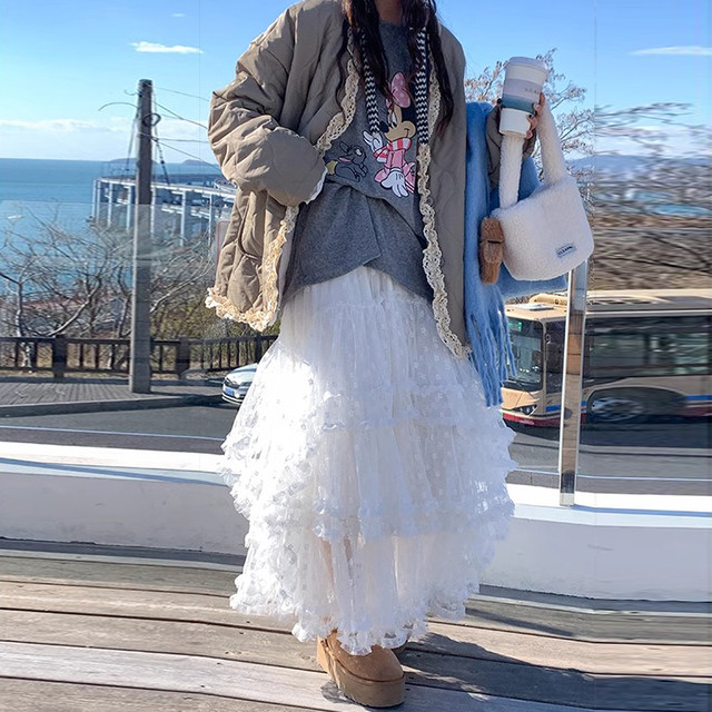 Super Fairy Lace Skirt Women's Summer Fairy Gauze Skirt Large Size Fungi A-Line Long Skirt Puffy Cake Skirt