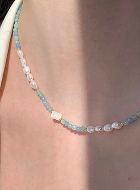 海蓝宝天然石贝母幸运草项链气质淡水珍珠贝壳蓝绿串珠小清新