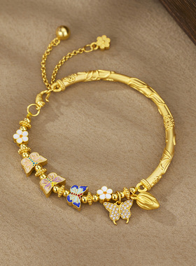 S925纯银新款繁花蝶语手链女镀金古法珐琅樱花蝴蝶半镯宫廷