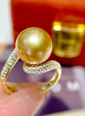 南洋金珍珠戒指镀金锆石镶嵌正圆无暇金珠活口女款戒指