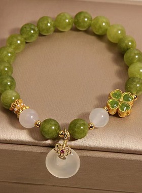 新中式天然石绿色碧玺手链女轻奢小众精致四叶草玉髓平安扣手串