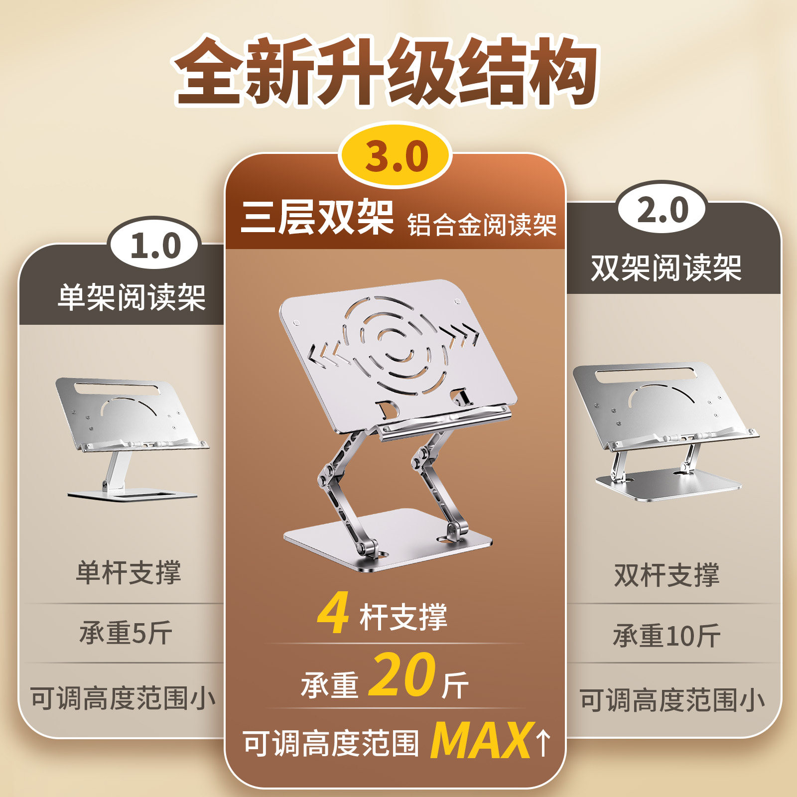 成人铝合金阅读书架读书支架多功能桌面书立架全金属可调节升降成人床上看书神器书夹固定书本架支撑立架书架,淘宝优惠券,粉丝福利购,淘宝优惠卷