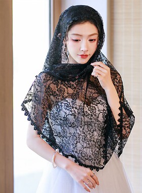 2026新款黑色蕾丝花边新娘婚礼配饰风格女头纱教堂面纱围巾头巾