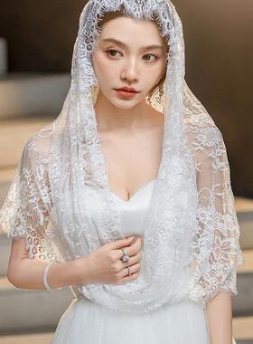 黑色蕾丝睫毛新娘婚礼头纱教堂套头面纱围巾 头巾