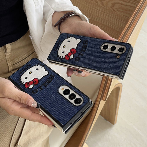 韩系ins刺绣牛仔布卡通少女猫咪适用三星FOLD7手机壳fold5/4折叠屏W23/W24外壳ZFLIP6防摔zflip5/4/3保护套女 - 图2