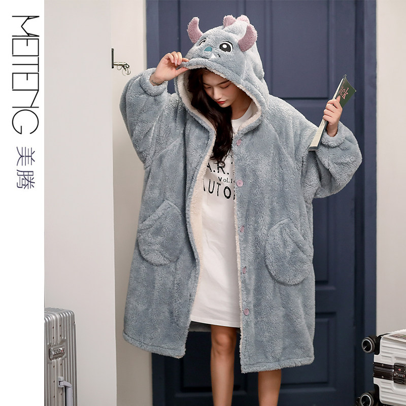 秋冬季珊瑚绒恐龙可爱长款睡袍 美腾睡袍/浴袍