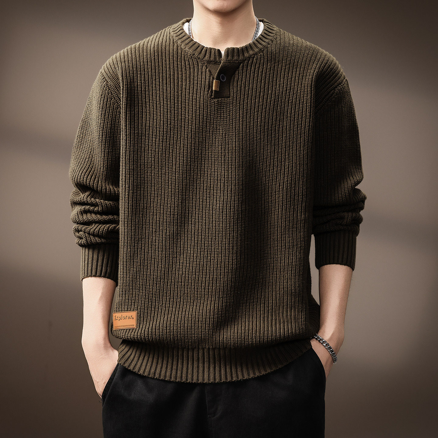 高端美式复古单扣亨利领毛衣男秋冬宽松加厚保暖竖条纹打底针织衫,淘宝优惠券,粉丝福利购,淘宝优惠卷