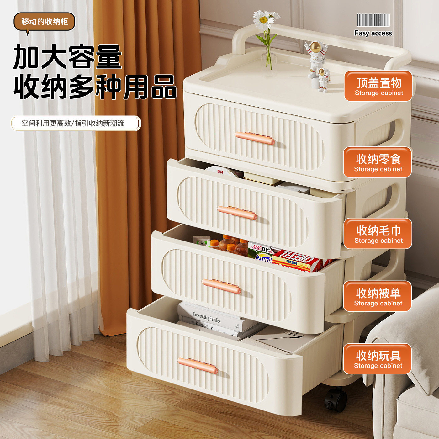 新款家用收纳手推车零食玩具抽屉式储物柜可移动多层收纳柜置物架,淘宝优惠券,粉丝福利购,淘宝优惠卷