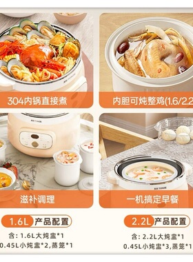 天际不锈钢锅陶瓷隔水炖3-5人全自动煮粥煲汤燕窝2.2L蒸炖同步