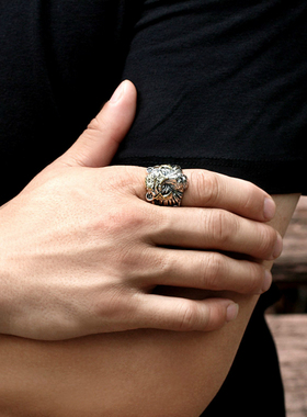 复古银虎头戒指男老虎男士潮活口可调节大小复古个性霸气