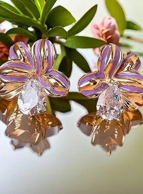 中古vintage复古高级感耳钉紫色花朵耳饰首饰s925银针小众百搭