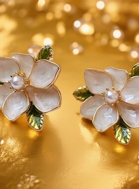 中古vintage复古高级感耳钉滴釉栀子花朵耳饰首饰s925银针小众