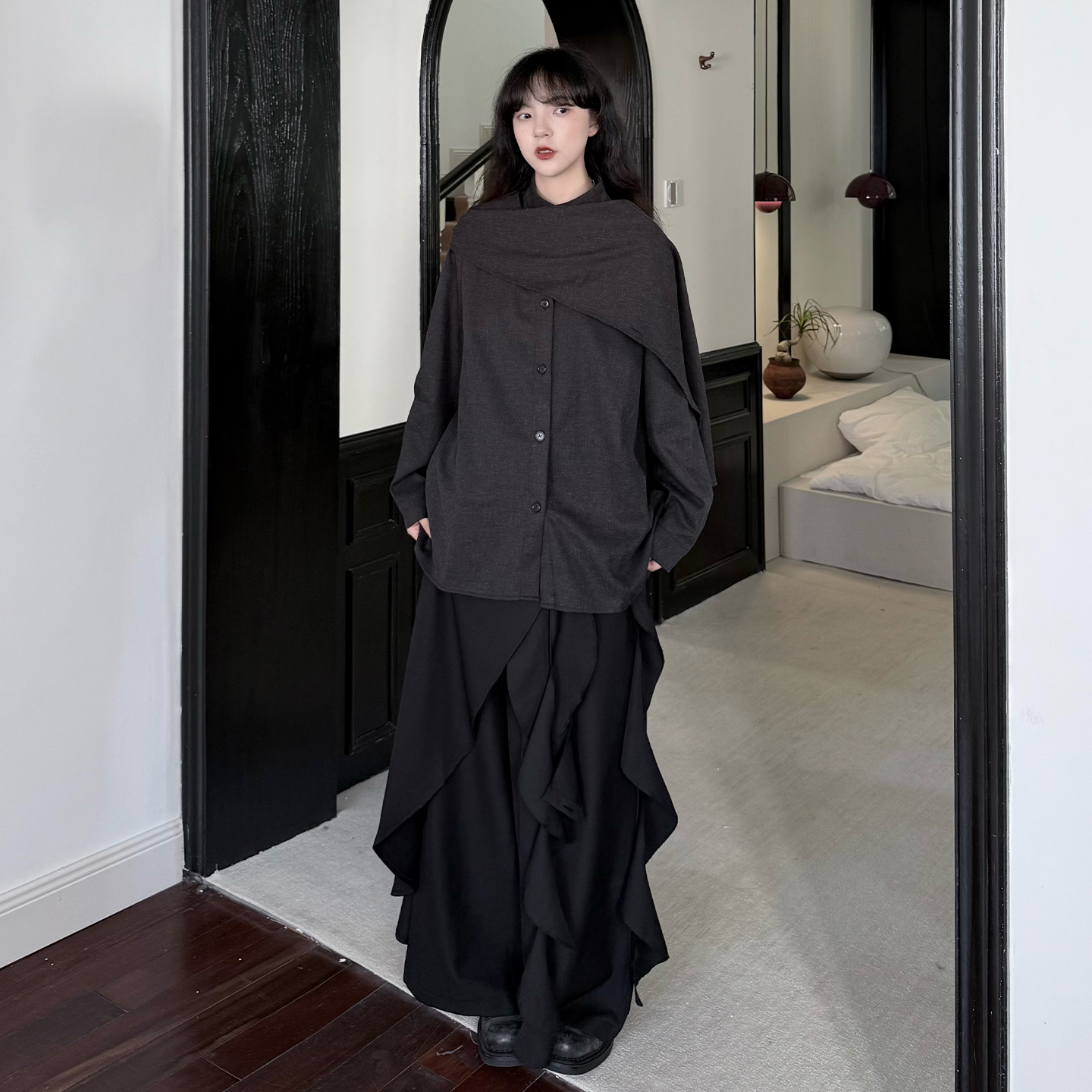 陆与山屿【波浪】暗黑系麻花可拆卸飘带多种穿法垂感裤裙阔腿裤子 - 图0