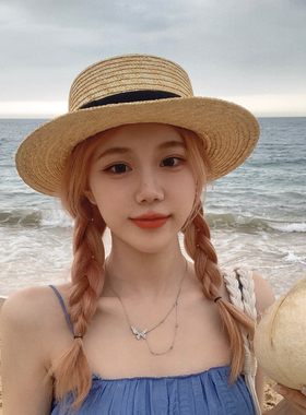 法式平沿草帽女夏天海边拍照帽子