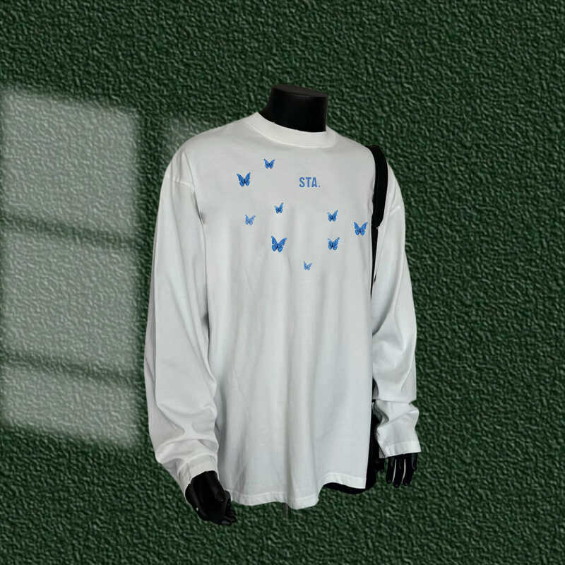 STA.MEDM联名暗黑系蝴蝶印花长袖体恤男女小众宽松纯棉秋冬季潮流 - 图0