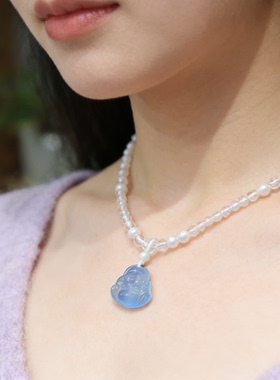 丝路东方天然海蓝宝弥勒佛吊坠珍珠项链女欢喜佛原创设计女友礼物