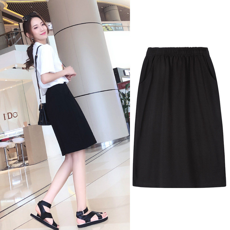 直筒小个子夏女高腰插袋及膝半身裙 然可服饰半身裙