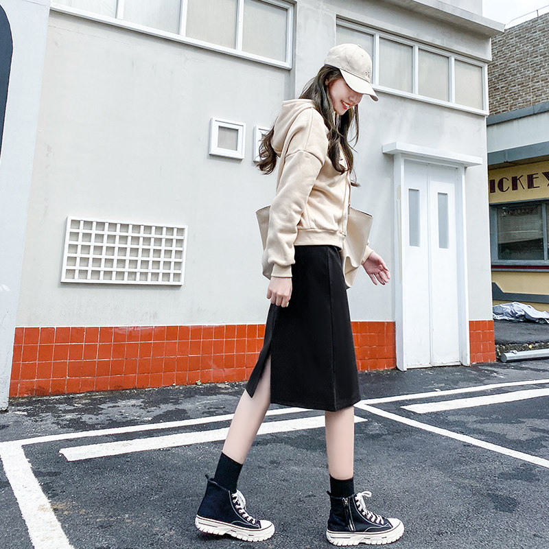 黑色秋冬新款高腰开叉遮胯直筒裙子 然可服饰半身裙